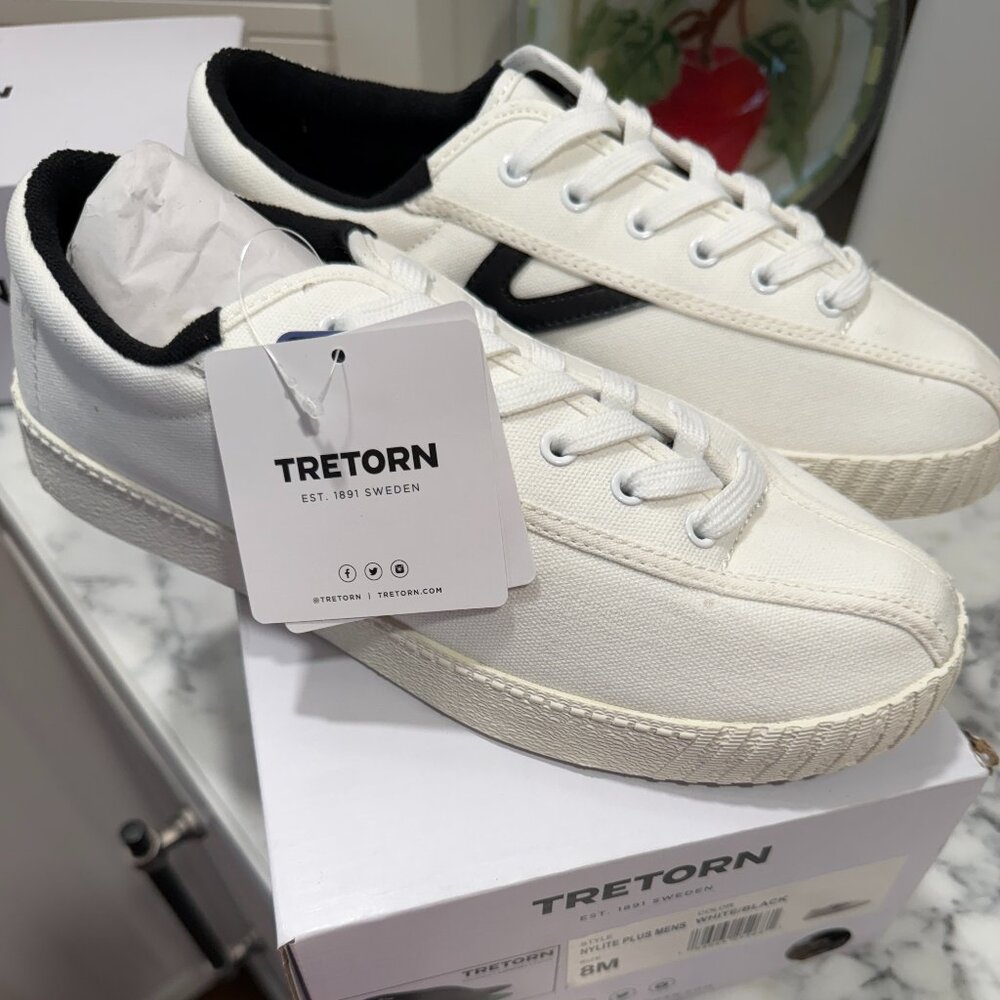Black and White canvas, Size 8 Tretorn shoes for sale! Never worn in box.